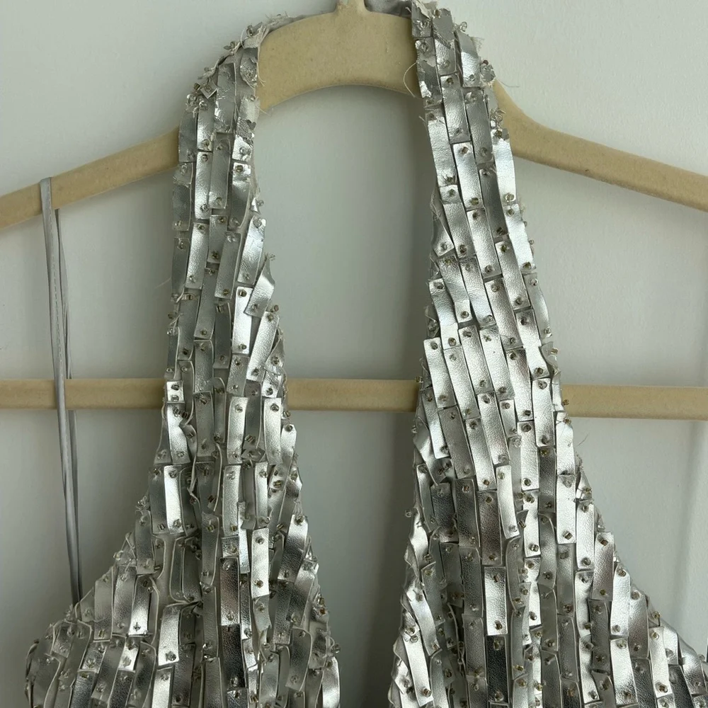 CD Greene Silver Faux Leather detailed halter gown with slit - Picture 8 of 8